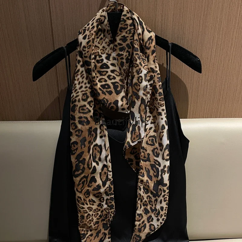 

European and American style leopard print chiffon long silk scarf fashionable light scarf streamer