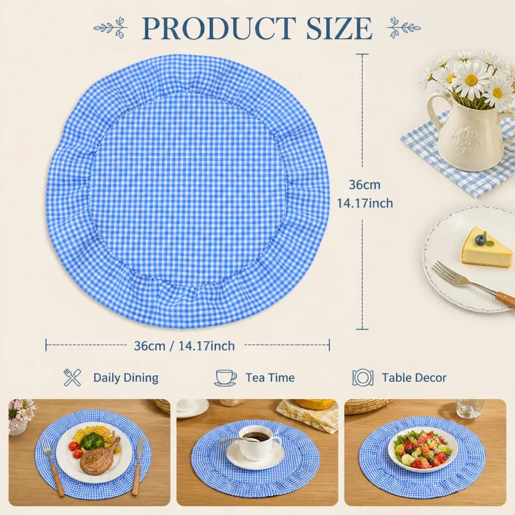 Blue and white small plaid round placemats pastoral fresh wind dining table insulation placemats daily dining table decoration