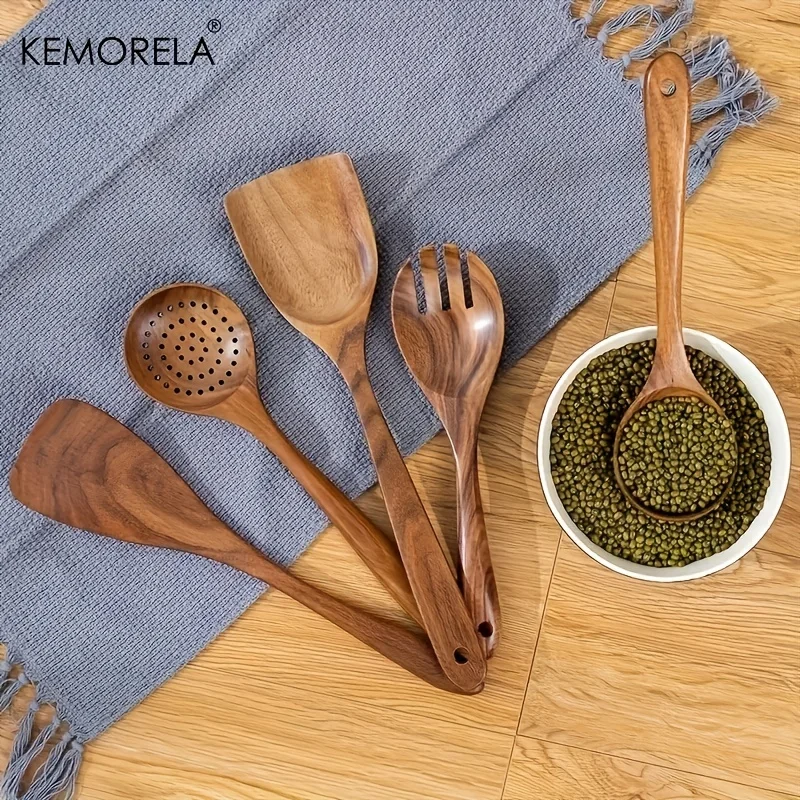 5PCS Natural Wooden Tableware Wooden Spoon Soup Skimmer Cooking Spoon Spatula Long Colander Dinner Home Cookware Set