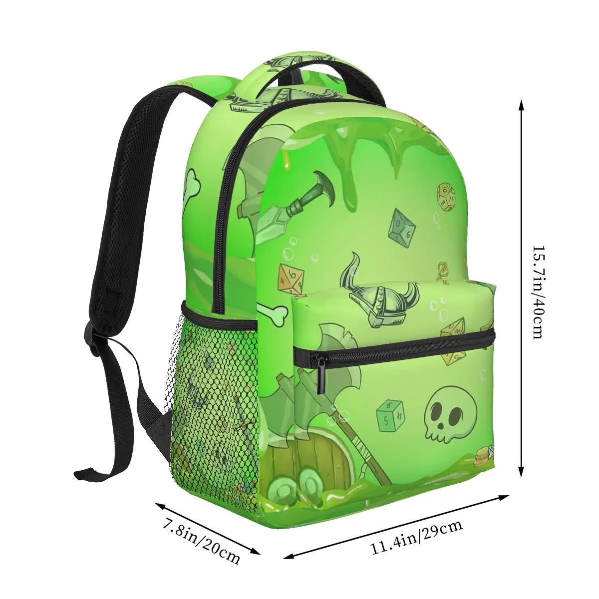 GELATINOUS CUBE Green Ooze Dnd Monster, Dnd Dice, Skull, Loot, Axe And Sword Backpack BookBag School Bag Shoulder Bags