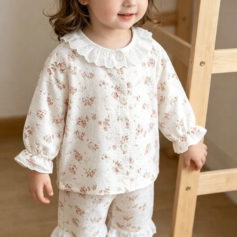 Neue süße Mädchen-Pyjamas mit Blumenmuster, 2-teiliges Set für Kleinkinder, Homewear für Mädchen, dünne Frühlings- und Herbst-Spitzenoberteile mit langen Ärmeln + Hosenanzüge – Detail 8