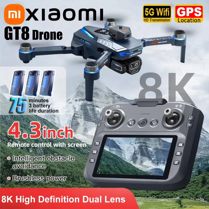 Drone GT8 8K avec double caméra HD aérienne, GPS, moteur brushless, vol stationnaire par flux optique, évitement d'obstacles et télécommande à écran