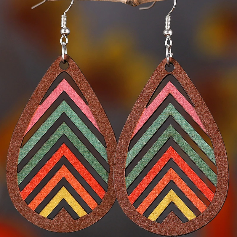 1 pair of Europe and the United States new geometric hollow drop-shaped multicolored double-sided wooden earrings female