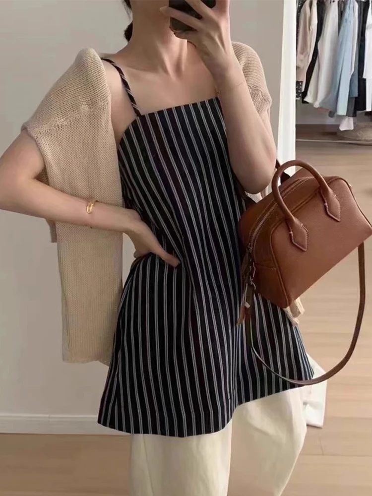 Korean Elegant Dresses One Line Neck Off Shoulder Loose Casual Stripes Sling Mini Dress For Women 2024 Spring Summer