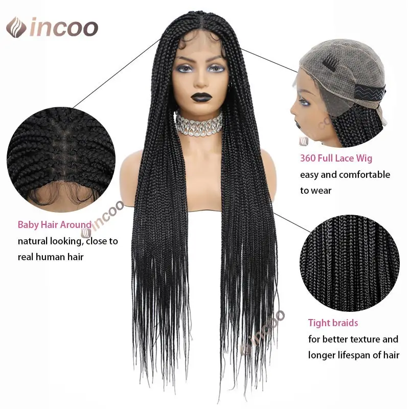 Synthetische 36 "Kleine Vierkante Volledige Kant Gevlochten Pruiken Lace Front Knooploze Box Vlechten Pruik Godin Cornrow Voor Zwarte vrouwen Faux Locs