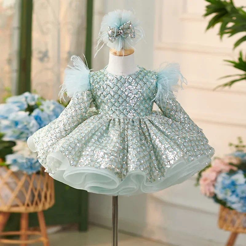 Vestido de lentejuelas de lujo para niña, traje a juego para fiesta de primer cumpleaños, vestido de baile elegante de princesa para niños, ropa de banquete