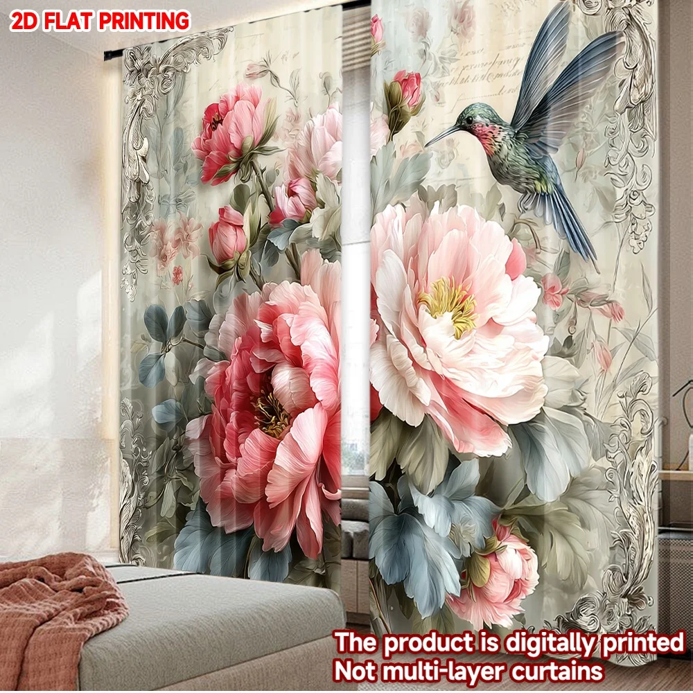 2pcs Hummingbird Floral Curtains, Pink White Blossoms with Blue Hummingbird on Light Background for Cozy Bedroom Decor