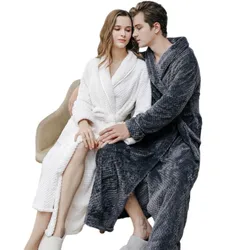 Homewear Women Men Extra Long Thermal Flannel Bathrobe Winter Warm Pregnant Bath Robe Zipper Hooded Dressing Gown Men Sleepwear