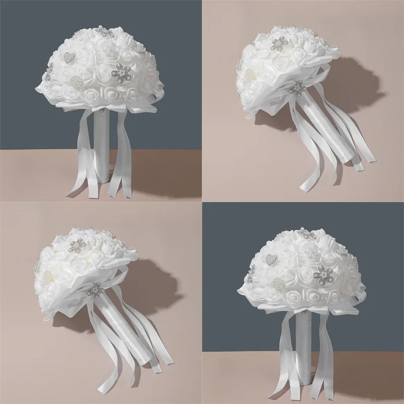 Bride Wedding Holding Flowers Foam Simulation Flower White Rose Bouquet  Wedding image 5