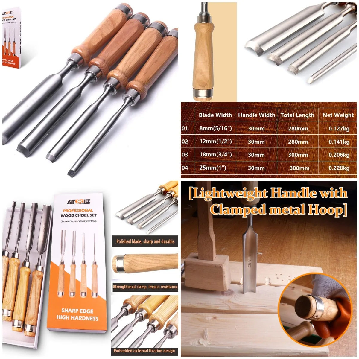 

4-Piece Wood Chisel Set, CR-V Steel, Semi-Circular Edge, 8-25mm (5/16'-1'), Professional Carpenter Gouge Tool