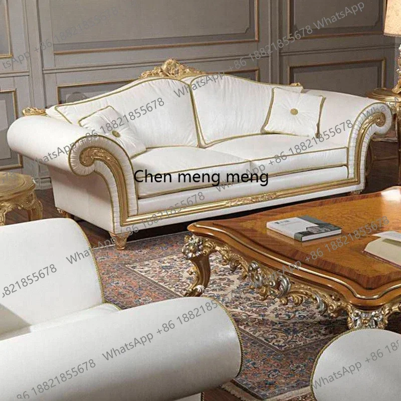 

X Living room furniture large sofa combination solid wood carved leather art three-seater sofa