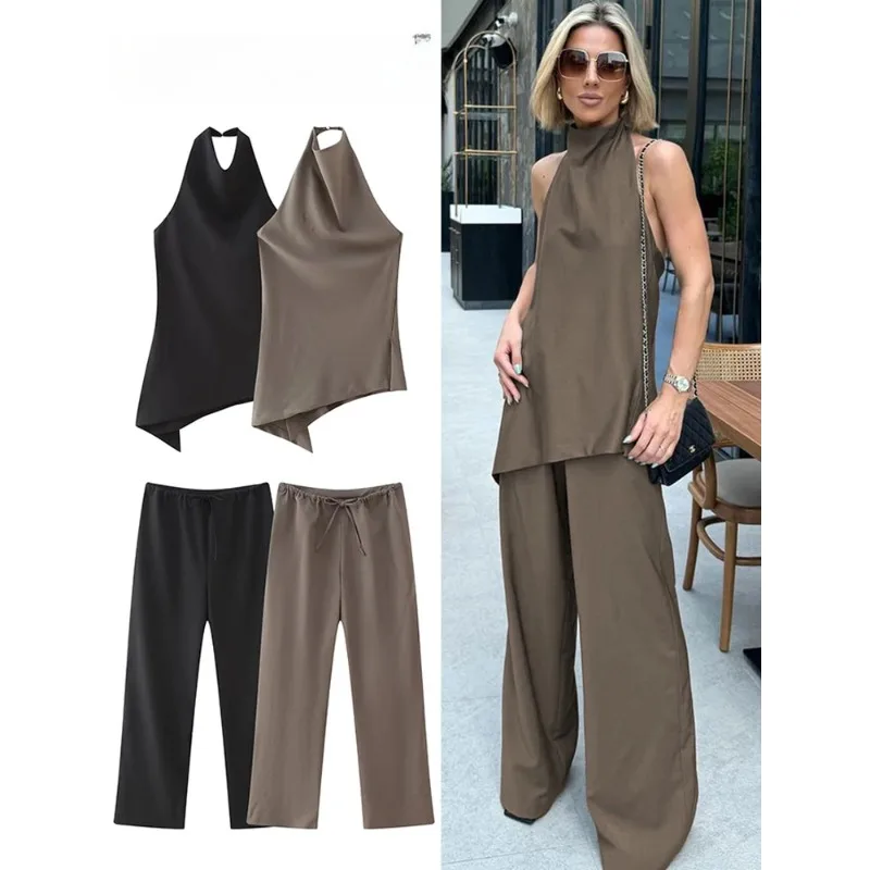 Women Vintage Solid Pant Sets Sexy Backless Halter Camis Top Asymmetric Tank Top + Drawstring Trousers Fashion Streetwear