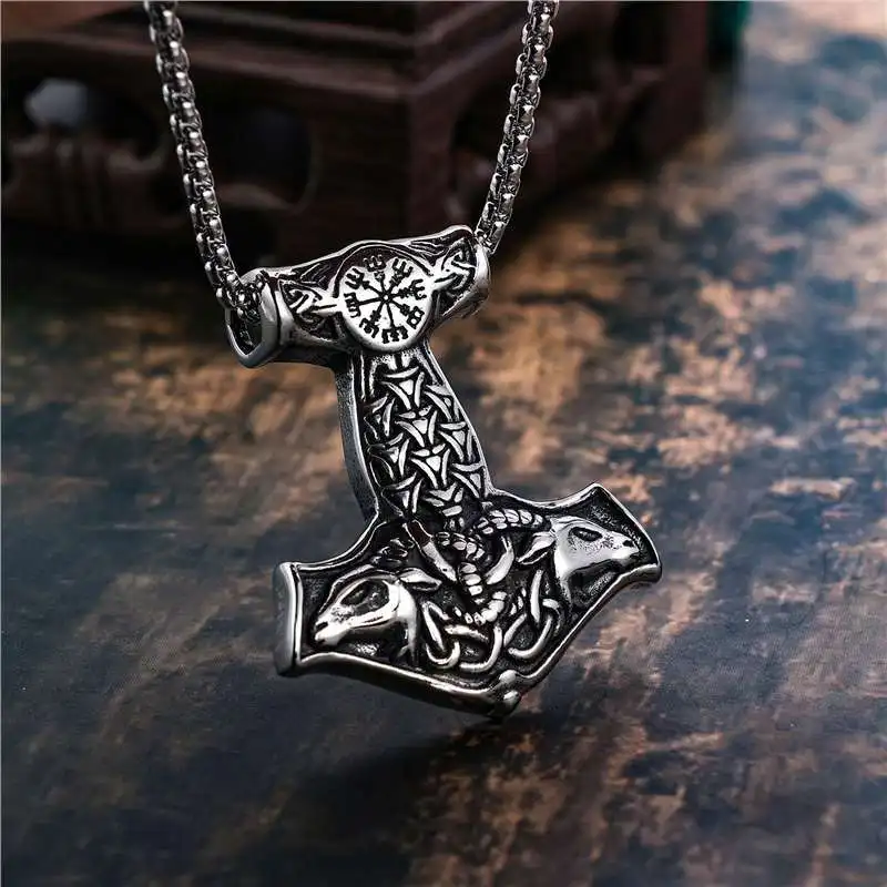 Punk Nordic Mythology Ax Compass Double Sheep Head Pendant Necklace Men's Personalized Gothic Trendy Cool Jewelry