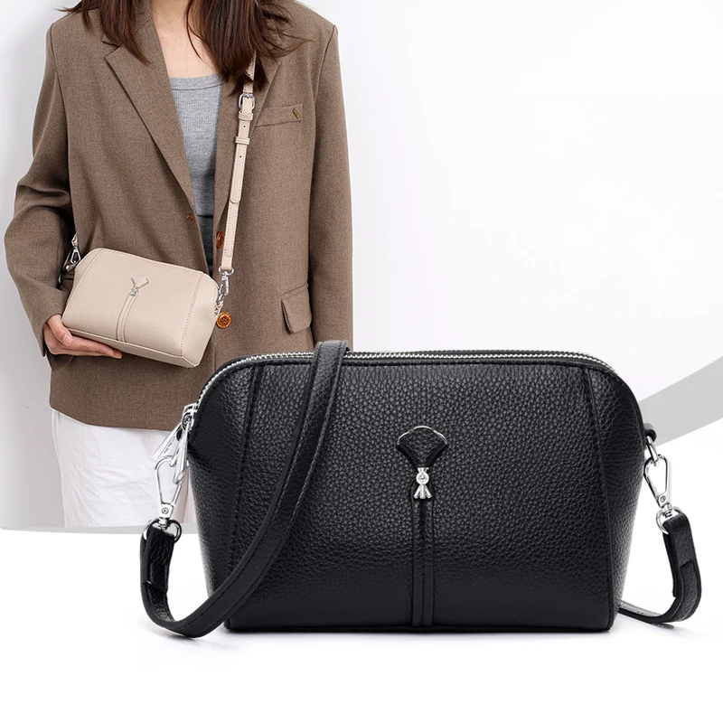 Women Double Zipper Crossbody Bag PU Leather Camera Purse with Multi-Compartment Pocket Adjustable Strap Daily Shoulder Handbag