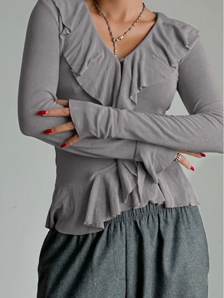 

Women Solid Knitted Ruffle Full Sleeve Top Casual Lapel V-neck Slim Button Split Short Shirt 2026 Lady Spring Autumn Tops Wear