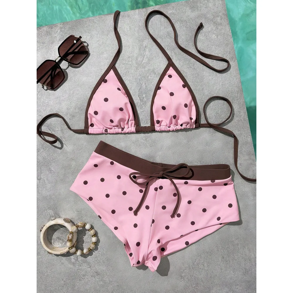 Y2K Sweet and Spicy Storm Point Hanging Neck Strap Bikini Strap Shorts Girl Style Beach Vacation Split Swimsuit