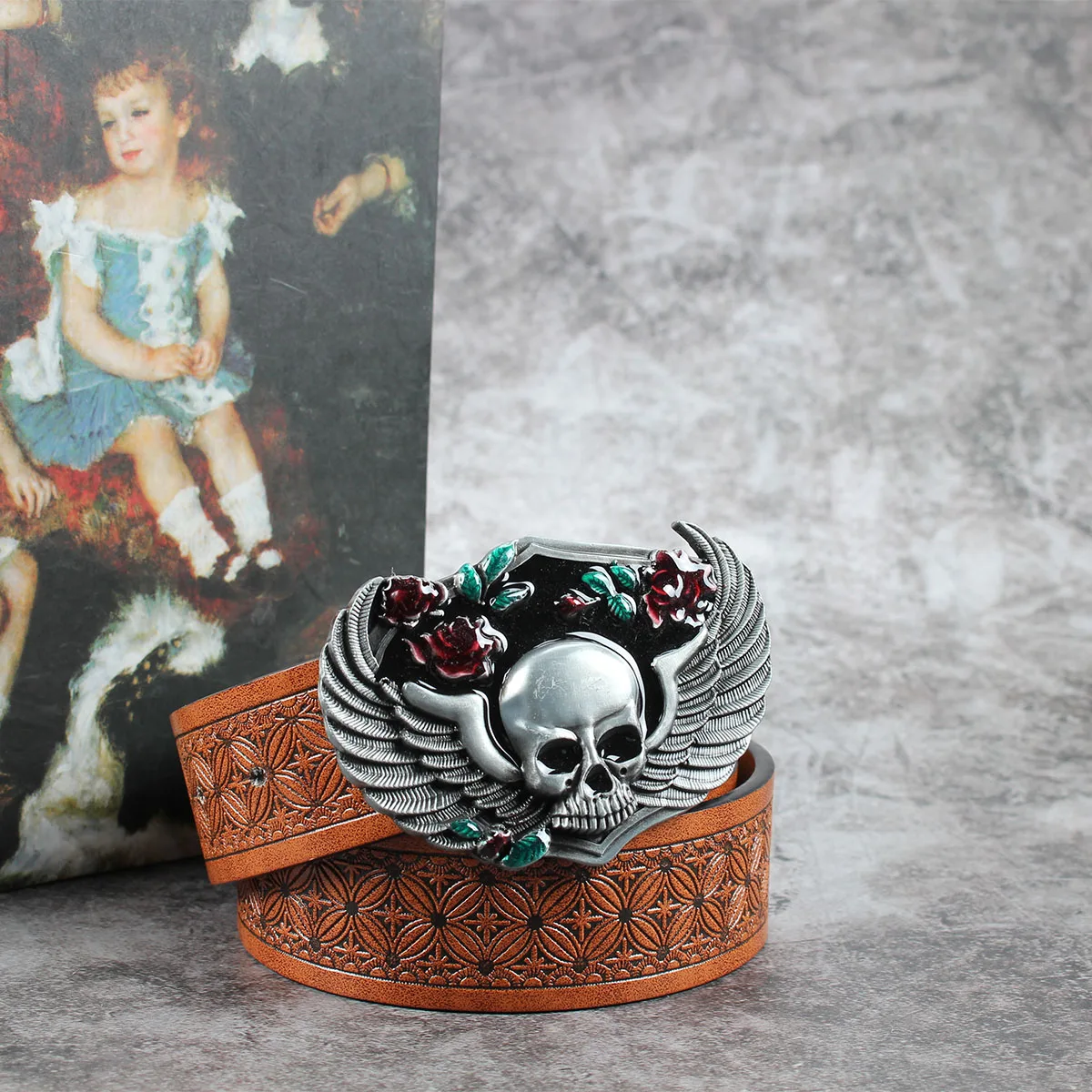 Rose Eagle Winged Skull3.7cm wide men's and women's Western bull head denim style bull scalprendy belt smooth buckle