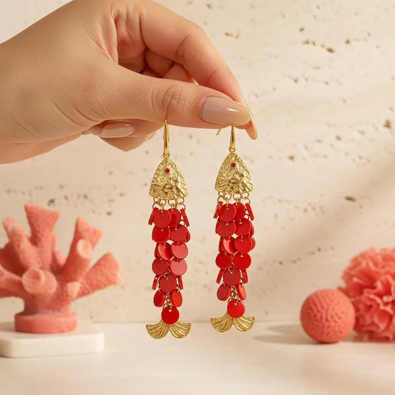 Women's Mediterranean Style Statement Earrings Unique Big Fish Shell Scale Dangle Earrings for Wedding Guest