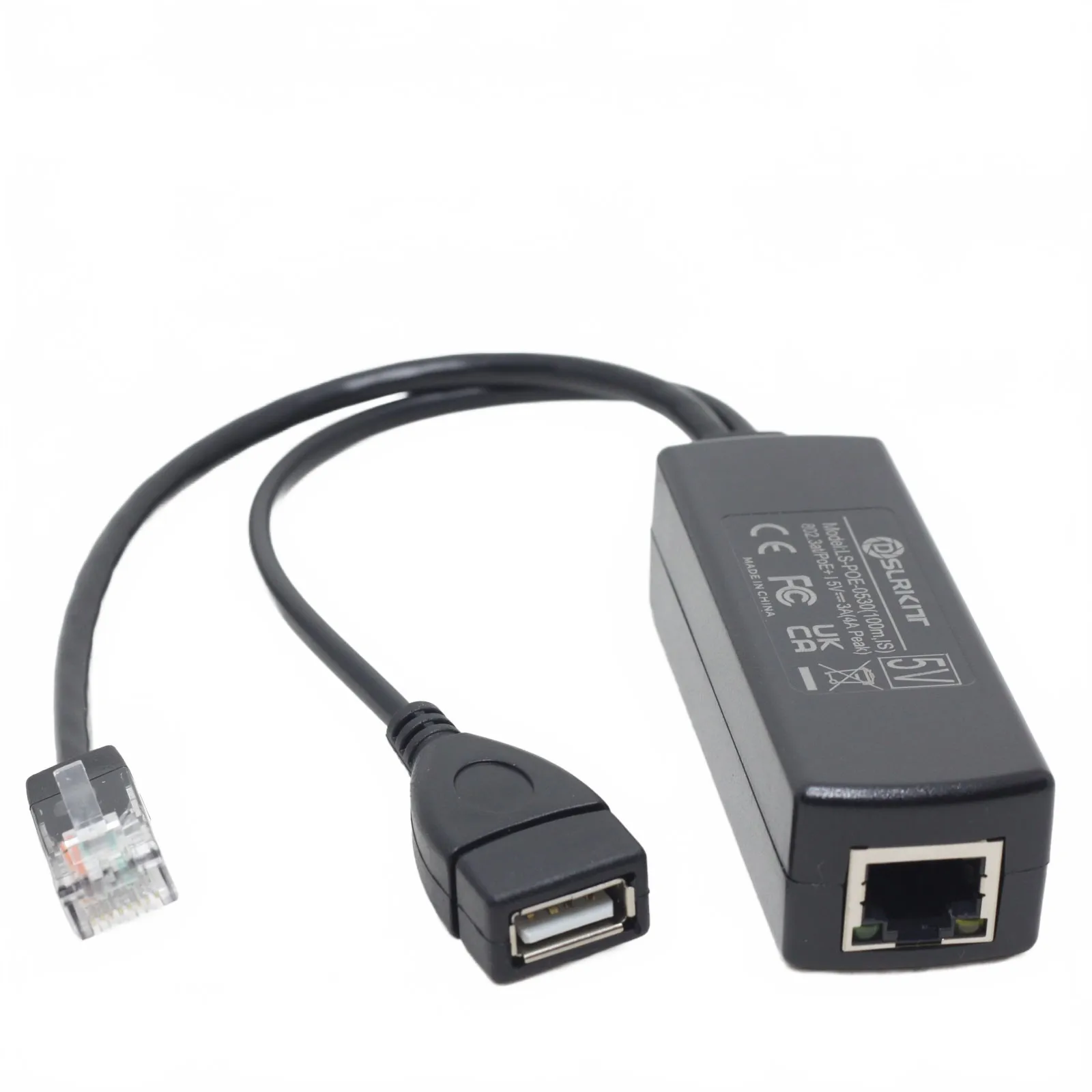 

5V 3A 10/100Mbps PoE Splitter USB-A Female, 802.3at PoE+ w/ Voltage Compensation