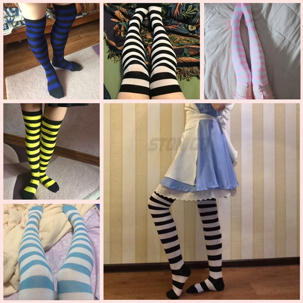 Fashion Lady Over Knee Long Stripe Printed Stockings Thigh High Striped Patterned Cotton Socks Skarpetki na Boże Narodzenie