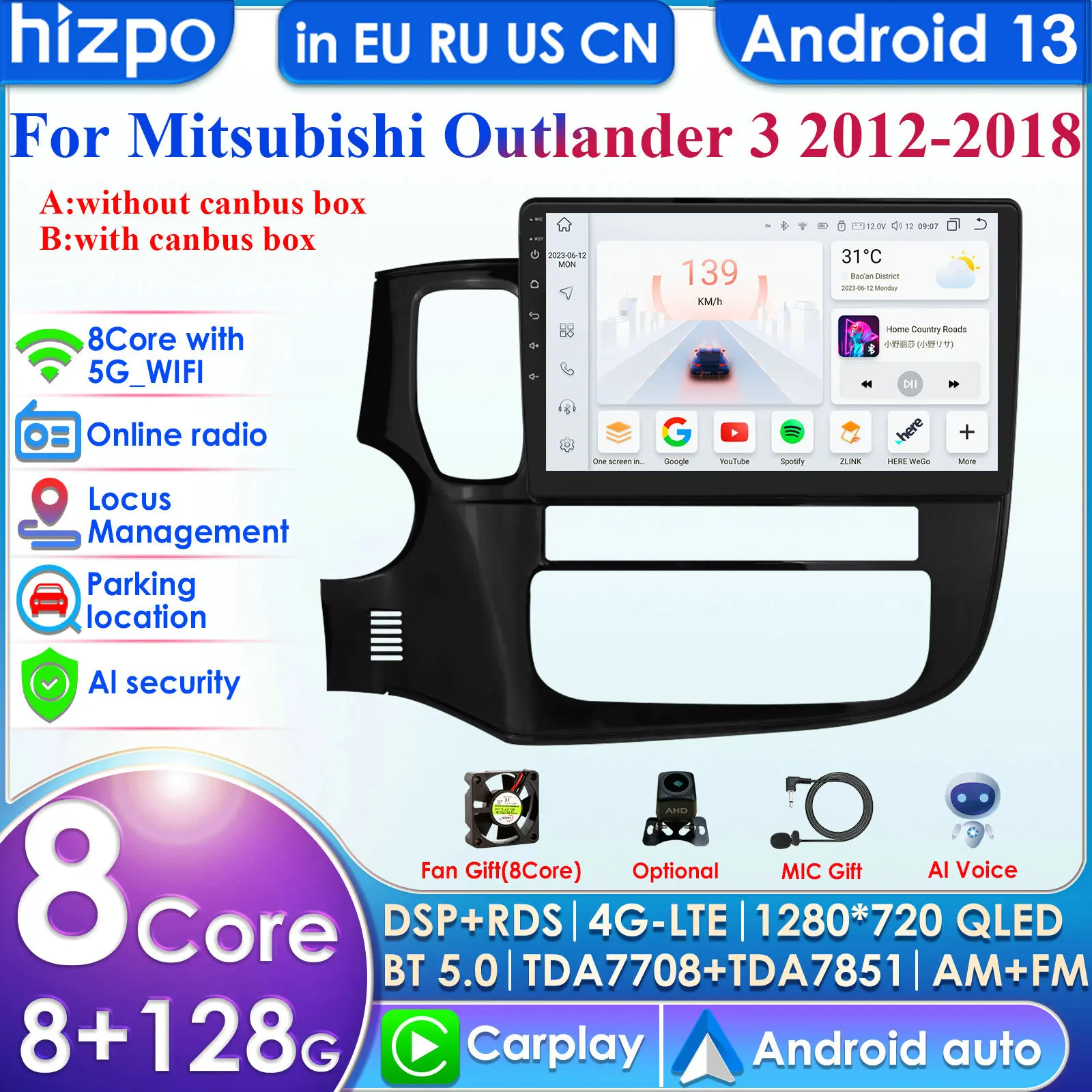 Carplay 4G 9'' 2 Din Android Car Stereo Radio Multimedia Video Player for Mitsubishi Outlander 3 Xl 2012-2018 GPS Navigation RDS