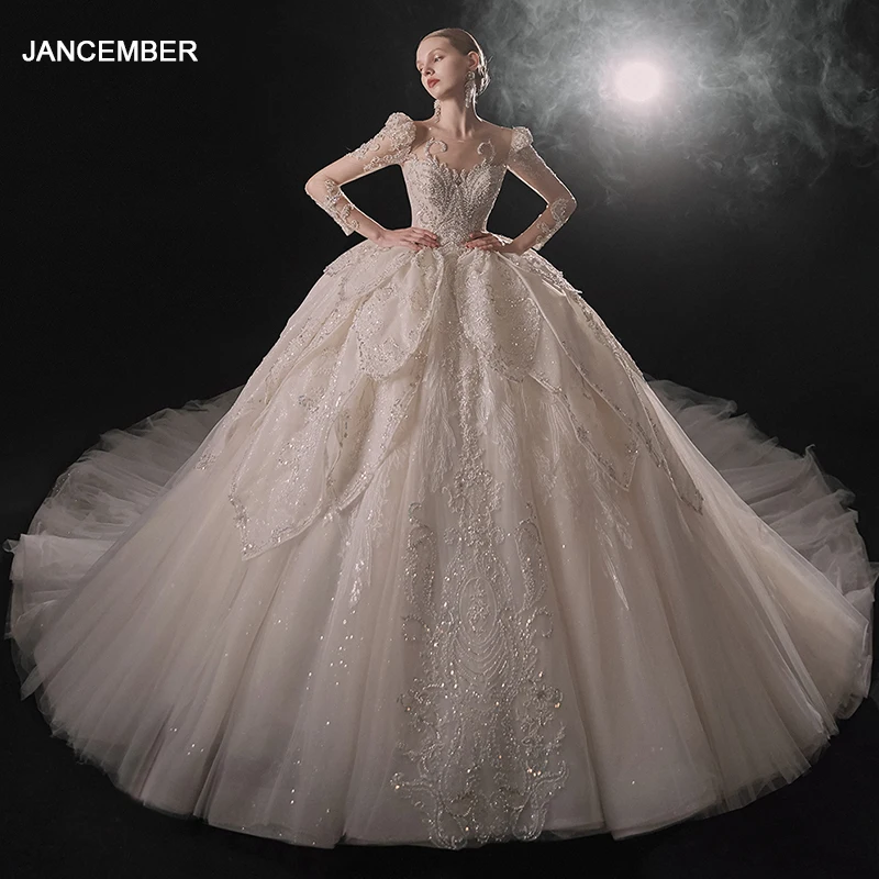 

Jancember Surprise Price Luxury Wedding Dresses For Women 2024 Bride O-Neck Ruffles Backless Button robe de marie LSMX055