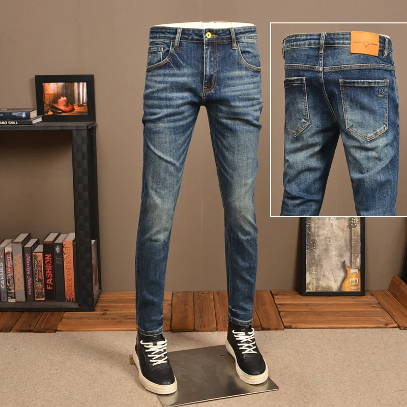 Vintage Jeans Men's Fashion Street Slim Fit Skinny Elastic Trend Nostalgic High-End All-Match Casual Men's Trousers
