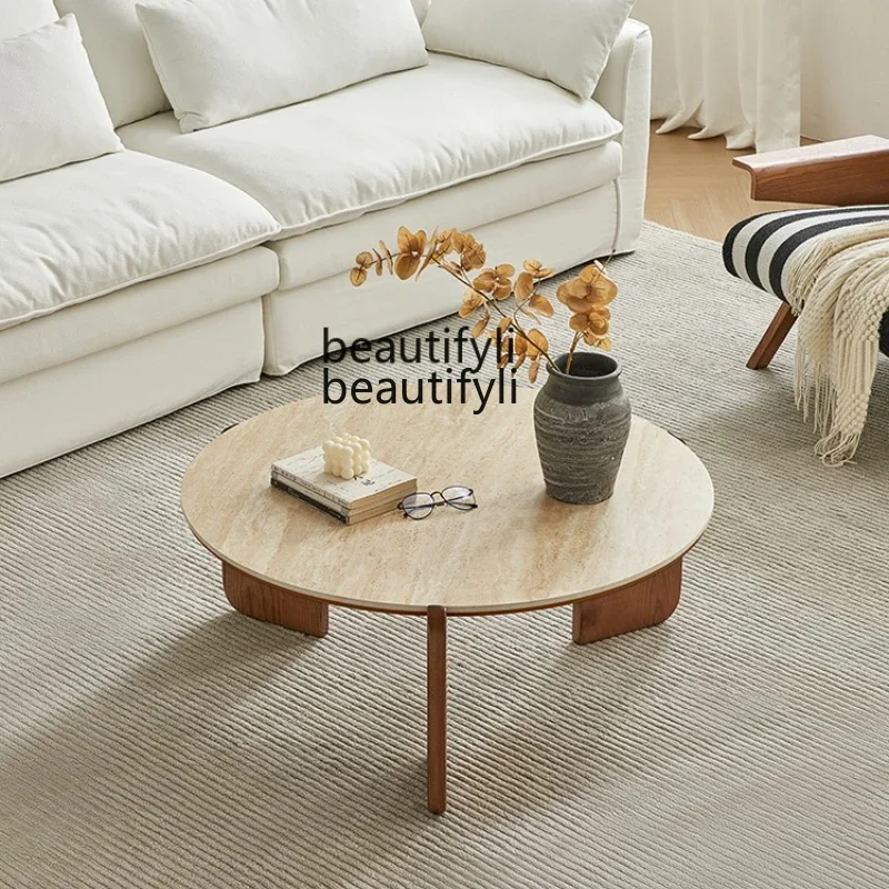

ss8350 Travertine rock slab round coffee table solid wood living room surprise quiet wind small tea table