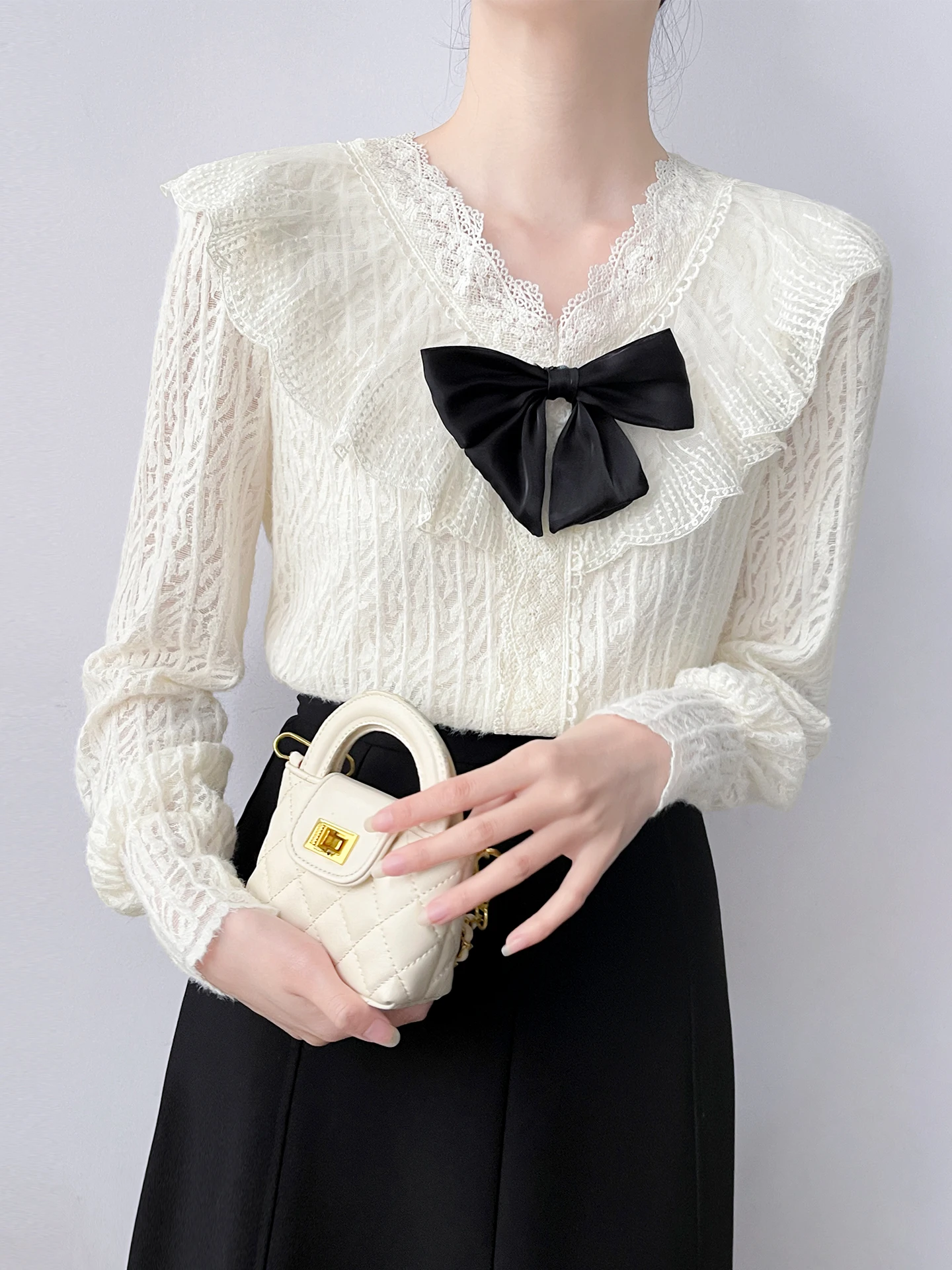 

Korean Sle Fce Lined Long Sve V Ne Lace Hook Flower irt Women's Autumn Winter Removable Knot Top
