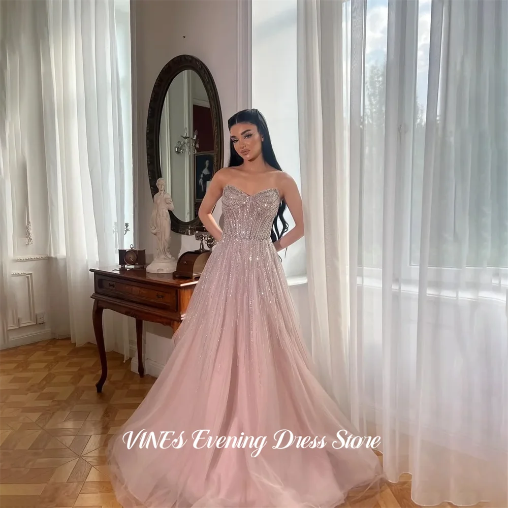 

VINES Pink Evening Gown Sweetheart Prom Dress with Glitter Embellished Wedding Evening Dress Tulle robes de soirée Customized
