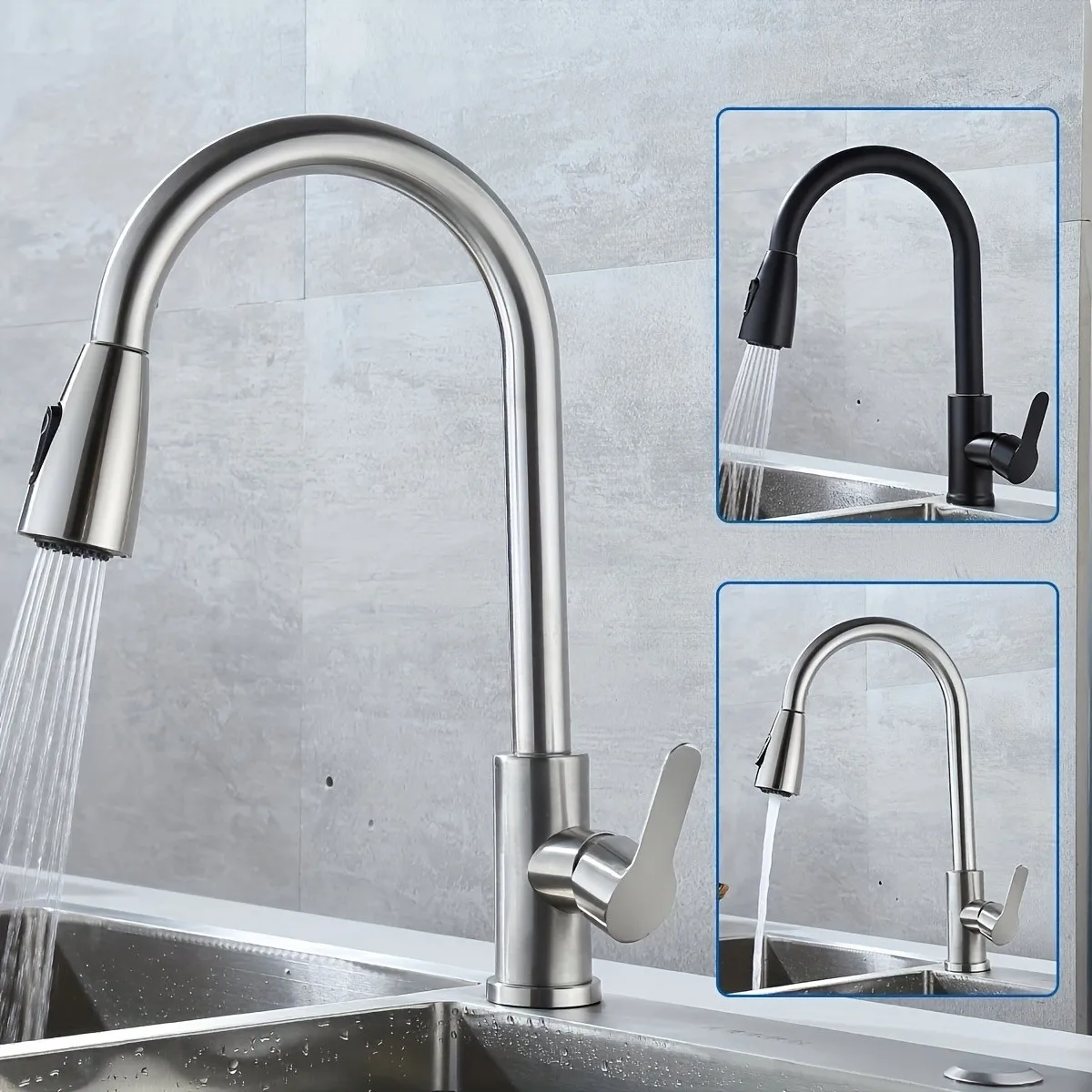 

Stainless steel pull-down kitchen faucet, single-hole installation, ceramic valve core, G1/2 Asian standard inlet.