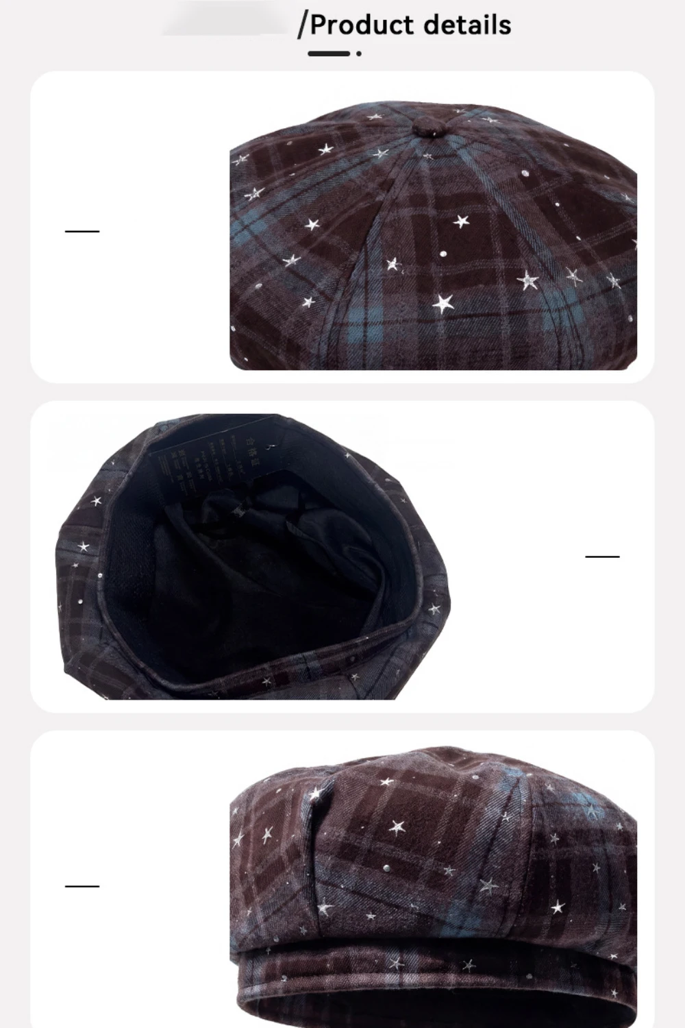 HT5150 Damen-Baskenmützen 2026 Neue Frühjahr-Herbst Karierte Achteckige Mütze Vintage Künstler-Malermütze Damen-Sternchen-Mode-Baskenmütze – Detail 2