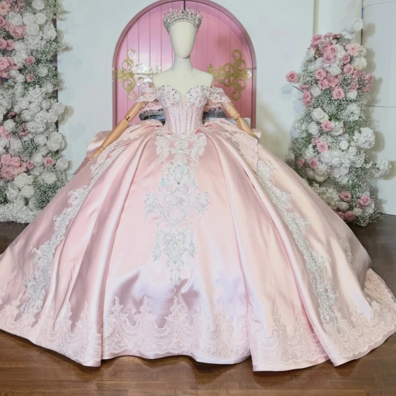 

Pink Quinceanera Dresses Off Shoulder Ball Gown Sweet 16 Dress Applique Lace Beading Crystal Bow Corset Birthday Party Vestidos