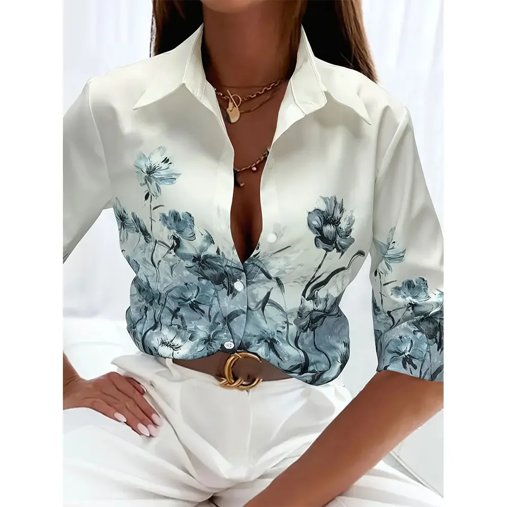 

Summer Shirt Fashion Floral Digital Print Button-Down Shirt For Women Casual Elegant Long Sleeve Evening Dress For Women
