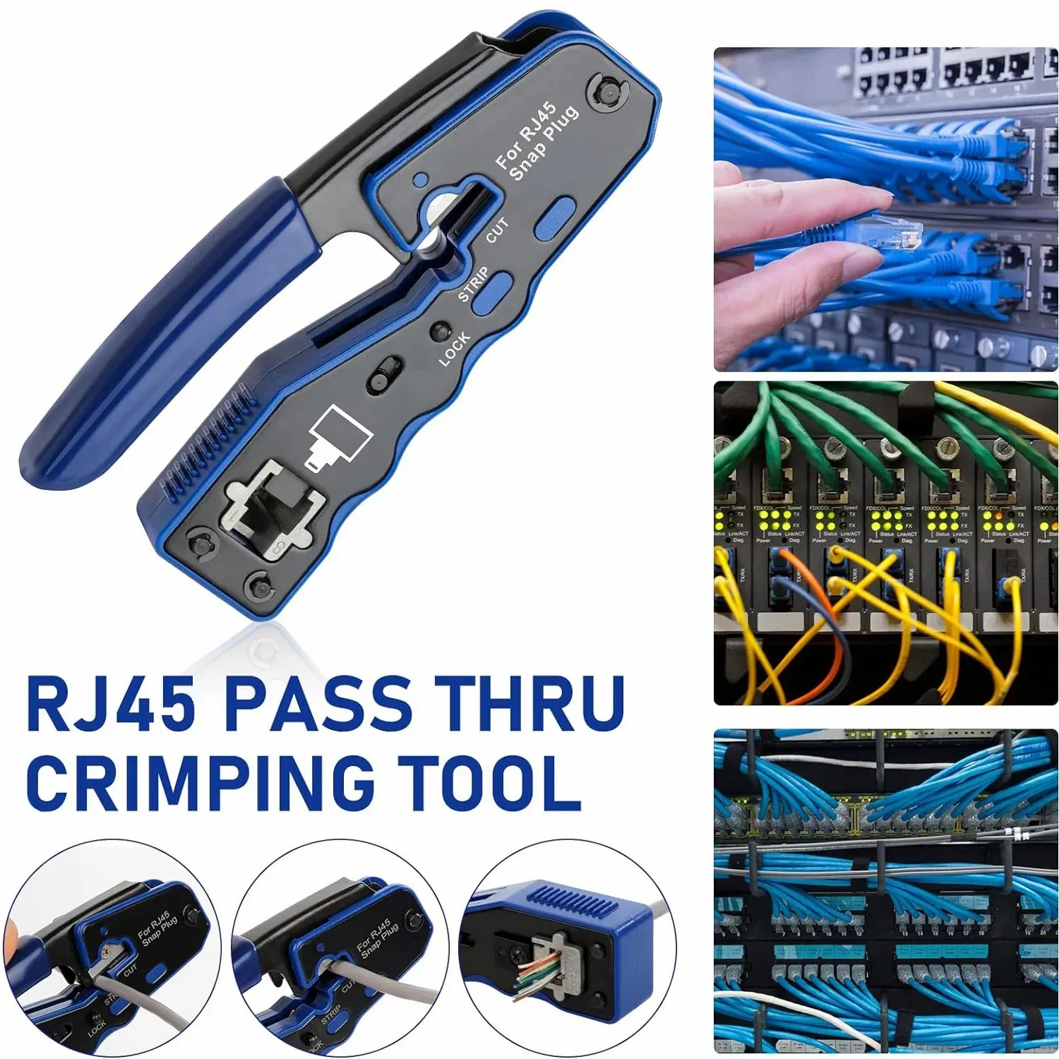 WoeoW RJ45 Crimp Tool Kit Pass Through Ethernet Crimper and Tester for Cat5e Cat6 Cat6a 8P8C Modular Connectors