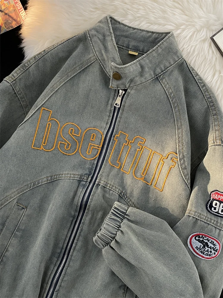 

American High Street Badge Men's Denim Jacket Autumn Zipper Trendy Brand Stand Collar Vintage Jeans Vest Long Sleeve Loose Fit