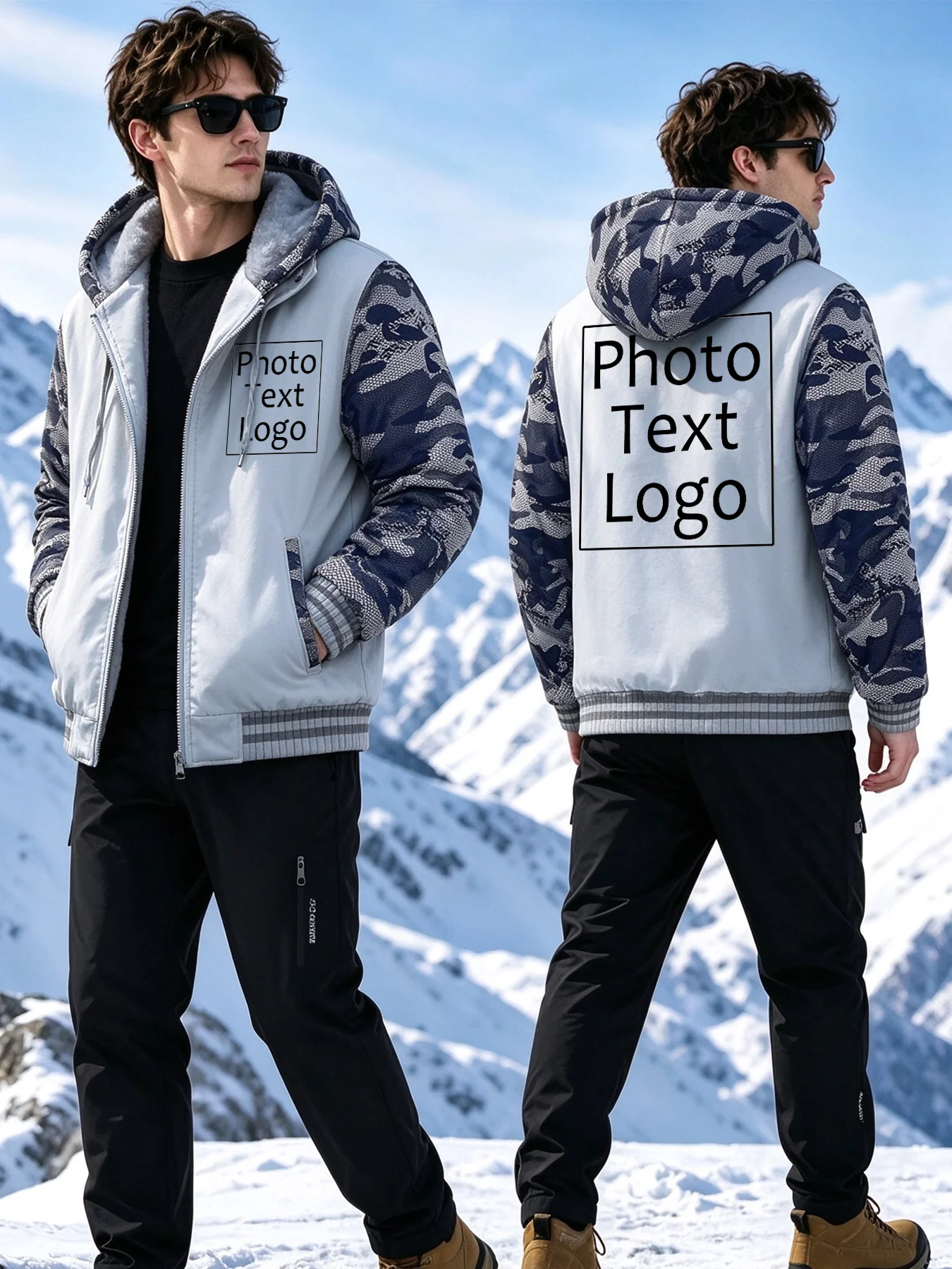 Customized Personalized Text Logo Men Zipper Pocket Coat Fashion Street Hoodie Casual Loose Jacket  Winter Thicken Warm Clothing