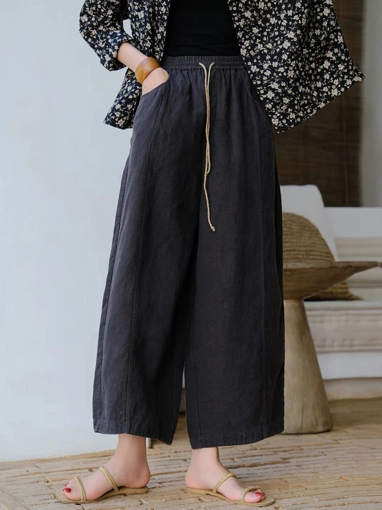 

100% Linen Women Ankle-length Casual Pants New Arrival 2025 Summer Vintage Style Loose Female Black Wide Leg Pants M1402