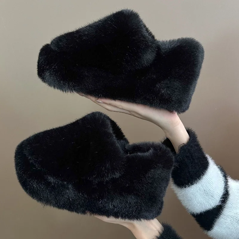 Fur Shoes Ladies\' Slippers Luxury Slides Women Heels On A Wedge Pantofle Platform Plush Designer High 2024 Fabric Rome PU Rubber