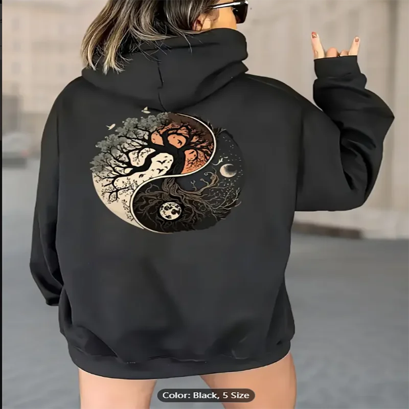 

Женская толстовка с рисунком Yin-Yang Tree Moon, повседневный черный пуловер с застежкой-молнией и длинными рукавами из полиэстера, идеально подходит для осени