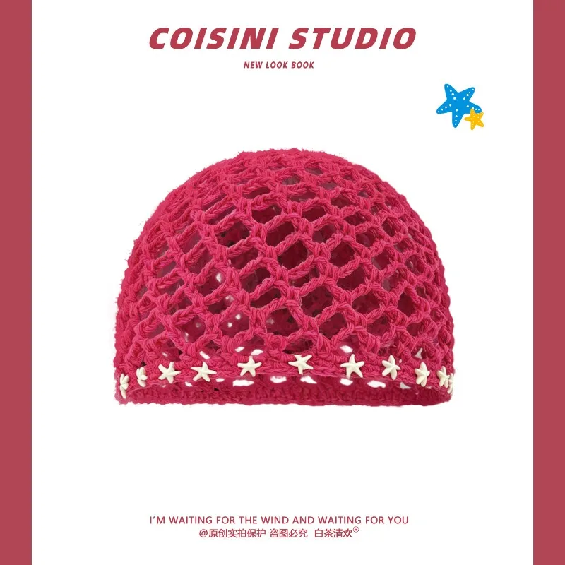 New Bohemian Style Hand-crocheted Star Pullover Hat for Women in Spring and Summer Outings Openwork Dome Knit Beanie Caps
