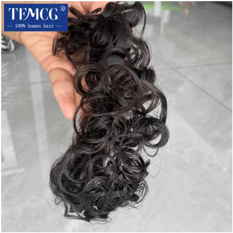 Rambut palsu keriting garis depan realistis 100% rambut manusia alami untuk pria wig pria depan gaya V dengan dasar kulit PU Wig pria