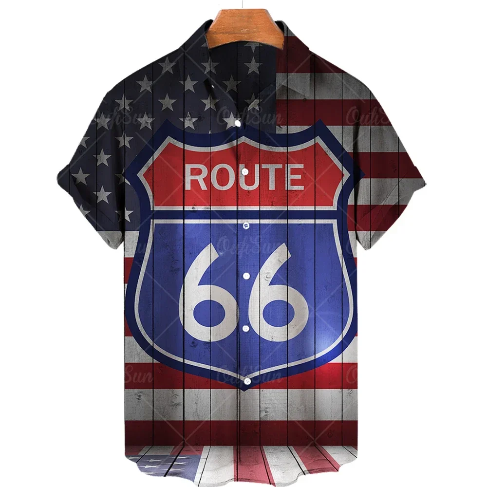 

2022 summer route 66 vintage shirt American flag 3d print Hawaiian breathable short sleeve lapel men