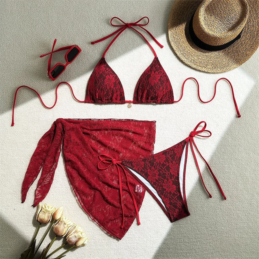 

Vintage Sexy Lace Bikini Micro String Backless Swimsuit Bandage Sheer Cover Up Beach Outfit Women Vacation Swimwear Bathing Suit