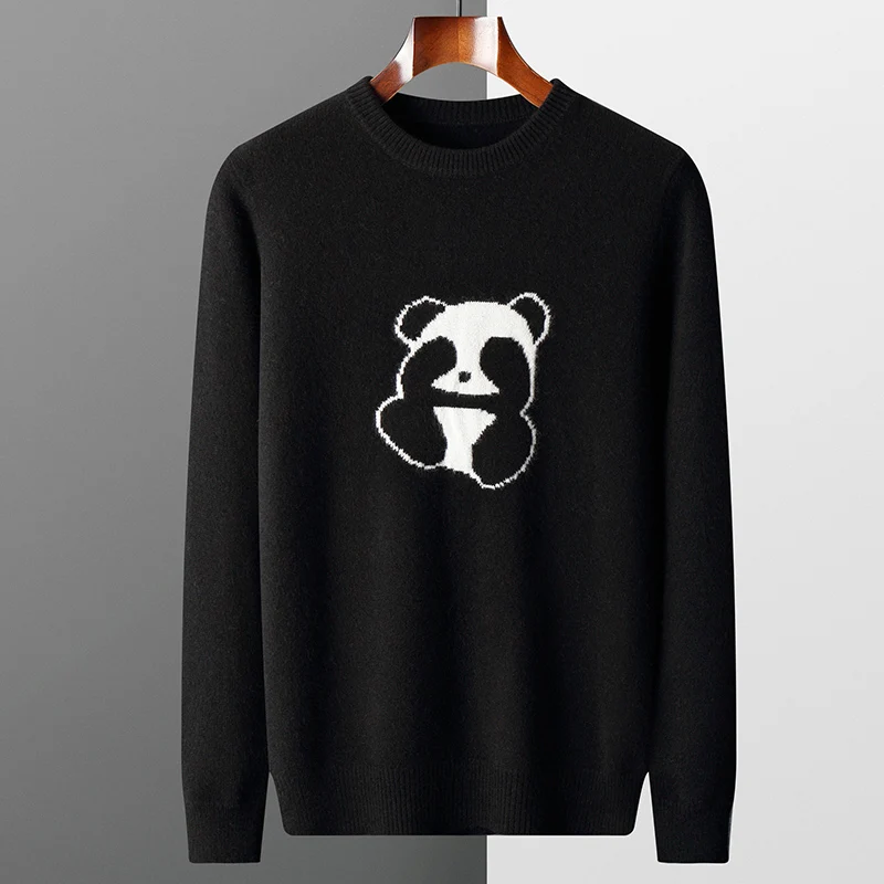 100% Pure Wool Embroidery Panda Sweater Men's Crewneck Knitted Pullover Fashion Loose Thicken Tops Autumn Winter Warm Base Shirt