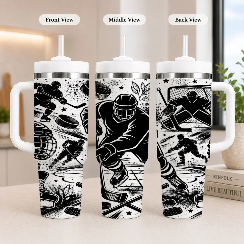 Team Sports Action Line Art Vacuum Flasks 40oz Leakproof Steel Tumbler w/ Lid Straw Handle Hot Cold Drinksorders for other colors will be shipped randomly in black or white