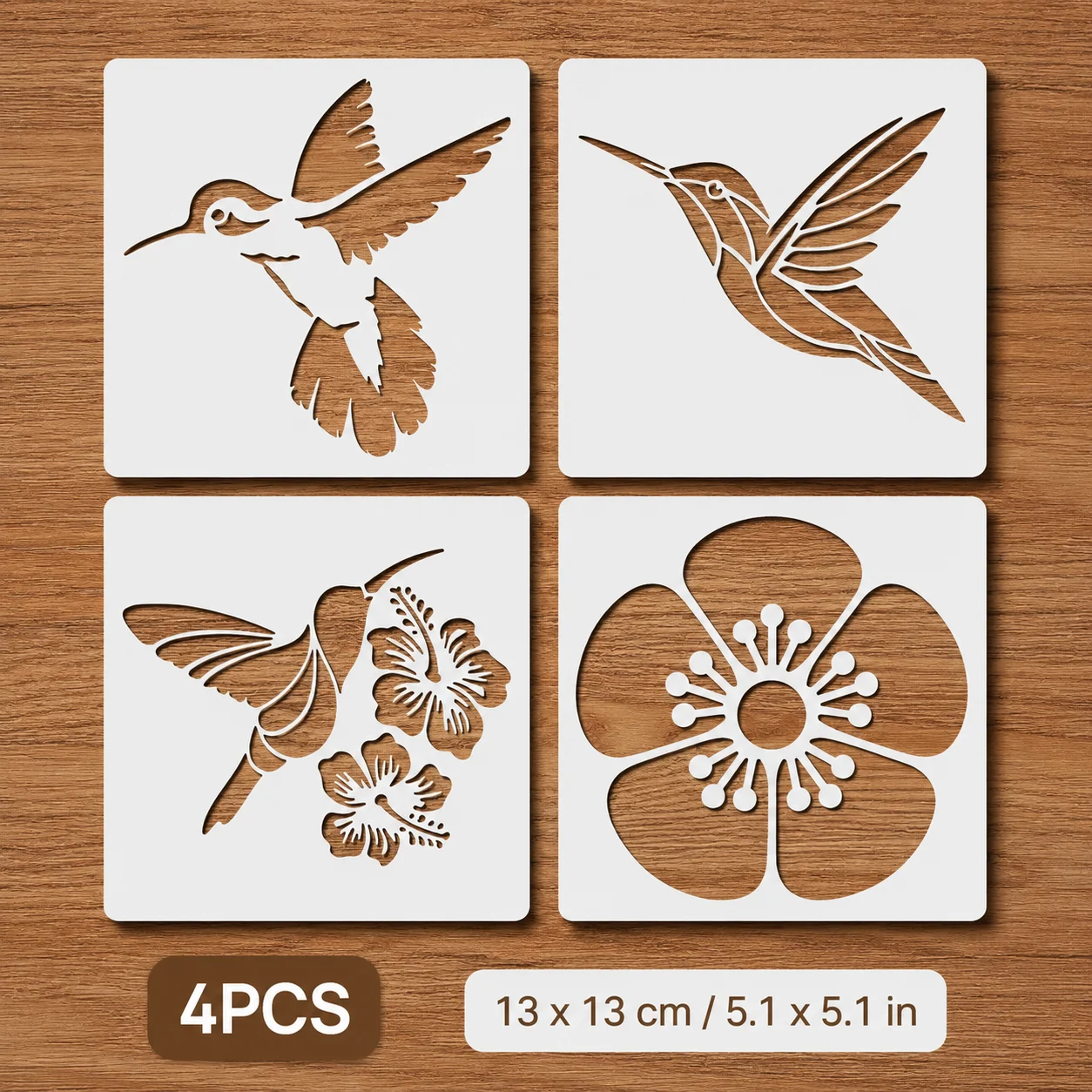 4 Stück 5,1 x 5,1 Zoll große Kolibri-Blumen-Schablonen, wiederverwendbare Vogel- und Blumenmalvorlagen für DIY-Wanddekoration auf Leinwand und Stoff