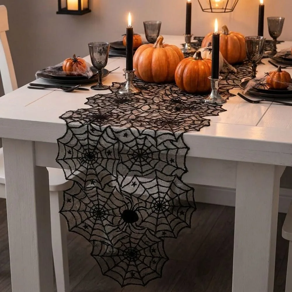 Translucent Spider Web Black Lace Table Runner with Spider Pendant Mesh Gothic Lace Tablecloth Long Strip Halloween Table Cover
