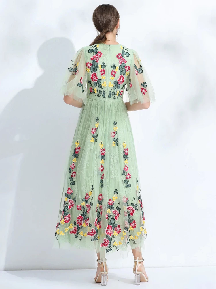 SEQINYY Elegant Midi Dress Summer Spring New Fashion Design Women Runway High Street Vintage Embroidery Flower Green Mesh A-Line