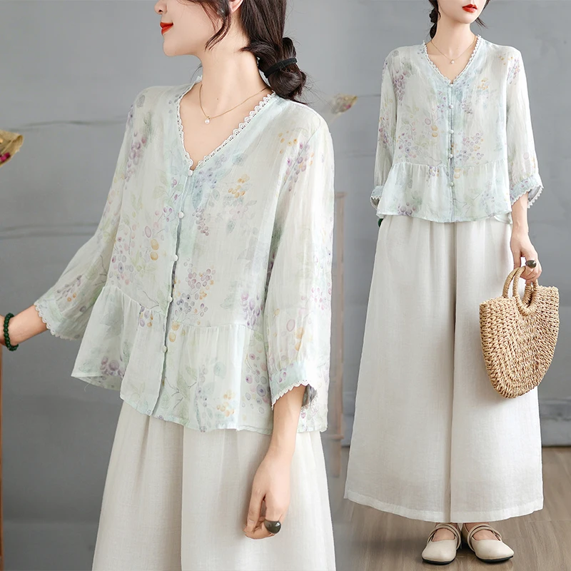 

Retro Cotton Linen Print Shirt Women's Summer Lightweight Nine-Sleeve Sun Protection Open Cardigan Unique Beautiful Top